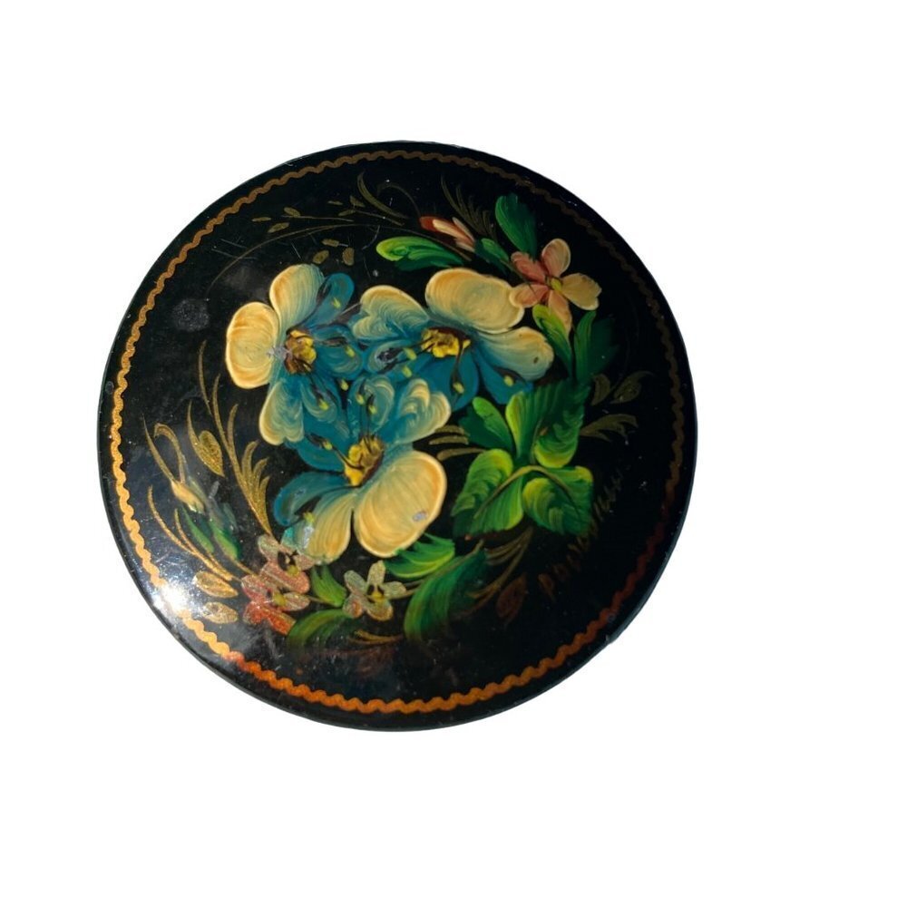 Vintage Hand Painted Russian Black Lacquer Floral Brooch Signed Blue Flowers